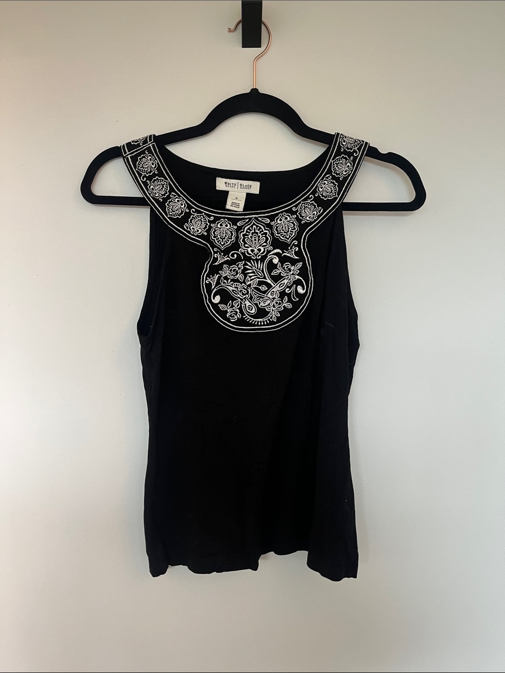 White House Black Market Black Tank with White Embroidered Bib